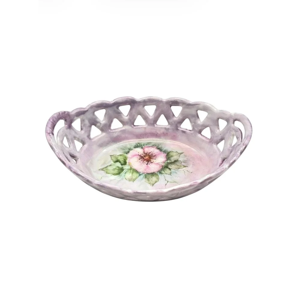 Vintage Lavender Porcelain Reticulated Basket Dish Hand Painted Pink Wild Rose